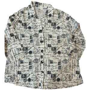 Parsley & Sage Button Up Shirt Sz XL Black White Word Print Tunic Laganlook Top